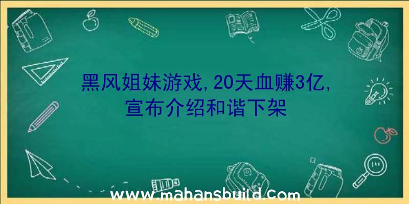 黑风姐妹游戏,20天血赚3亿,宣布介绍和谐下架